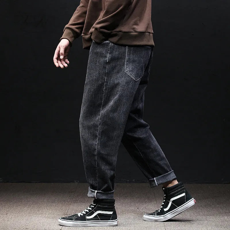 Fallwinter loose harem jeans for men mid-high waist cotton blend stone washed denim