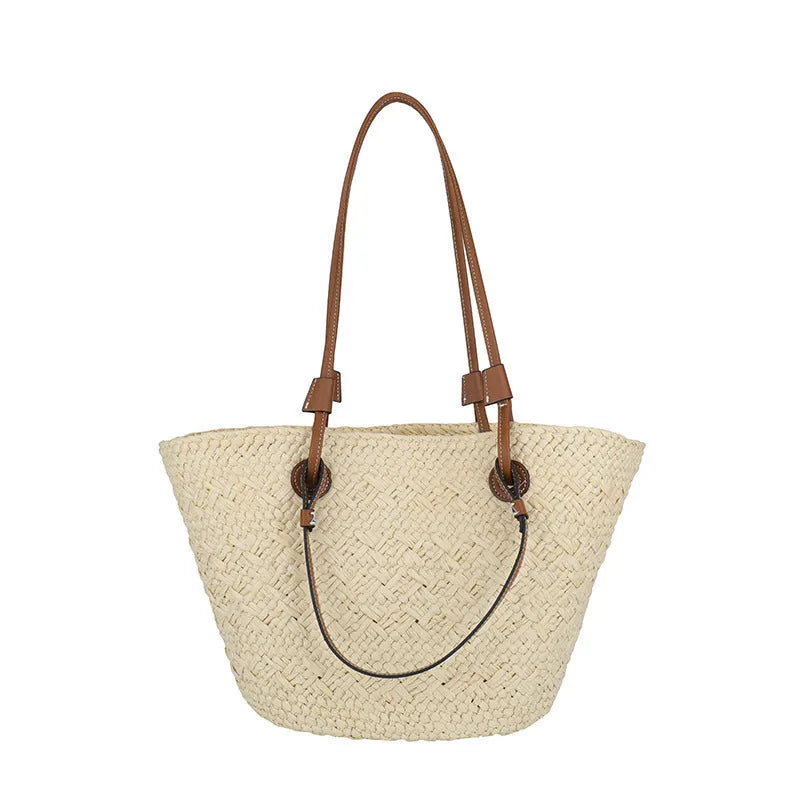 Beige and khaki woven bag with large capacity and dual shoulder or hand-carrying options in retro style