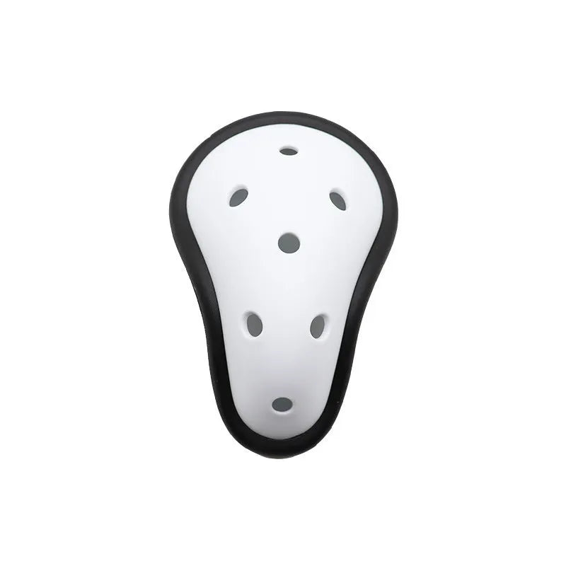 Black rubber sports genital protector for adult and child sizes used in hockey, rugby, and martial arts.
