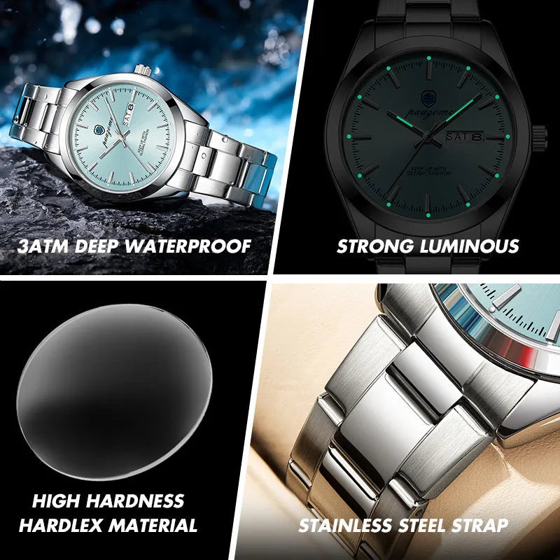 Men's double calendar luminous quartz watch with silver case and steel strap