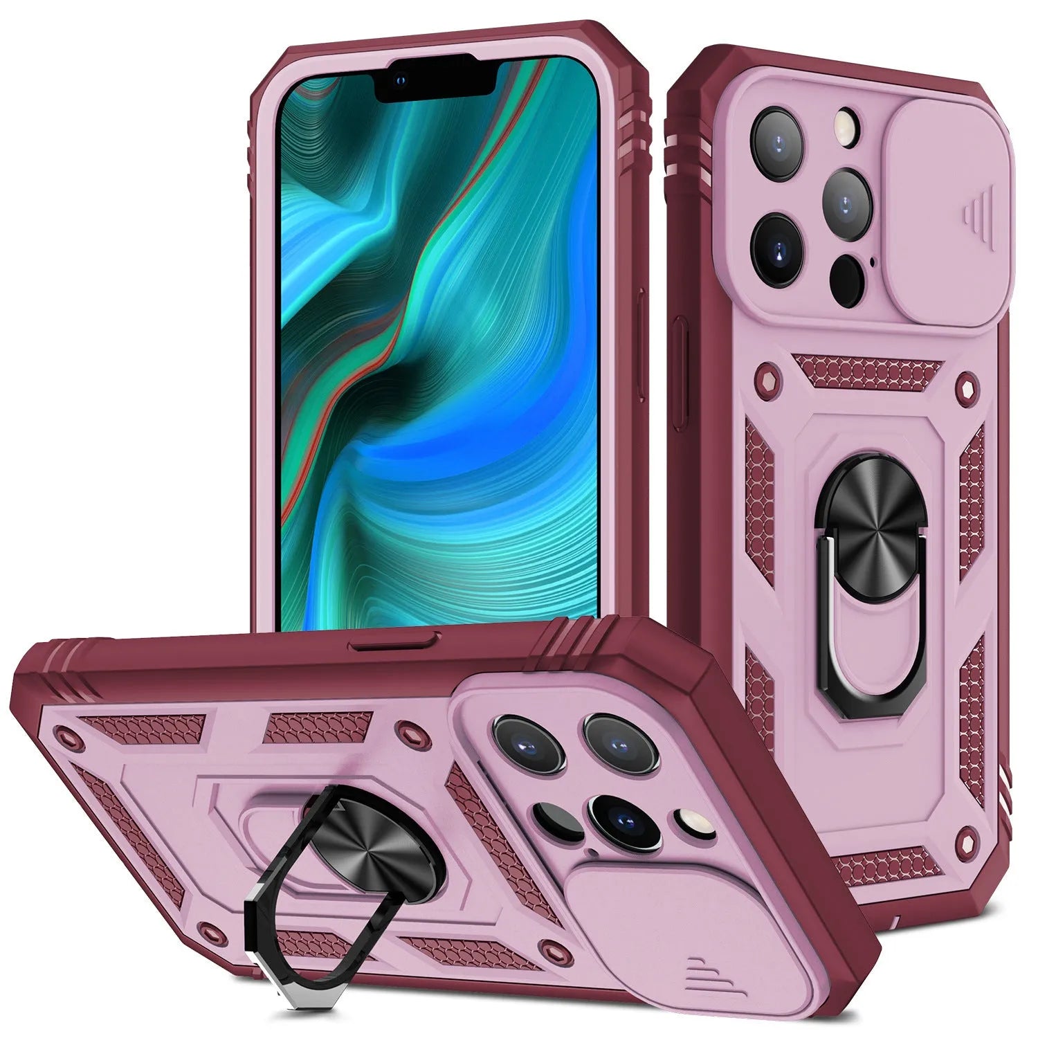 Magnetic sliding bracket phone case for Apple iPhone in sapphire blue, grey green and pink colour combinations
