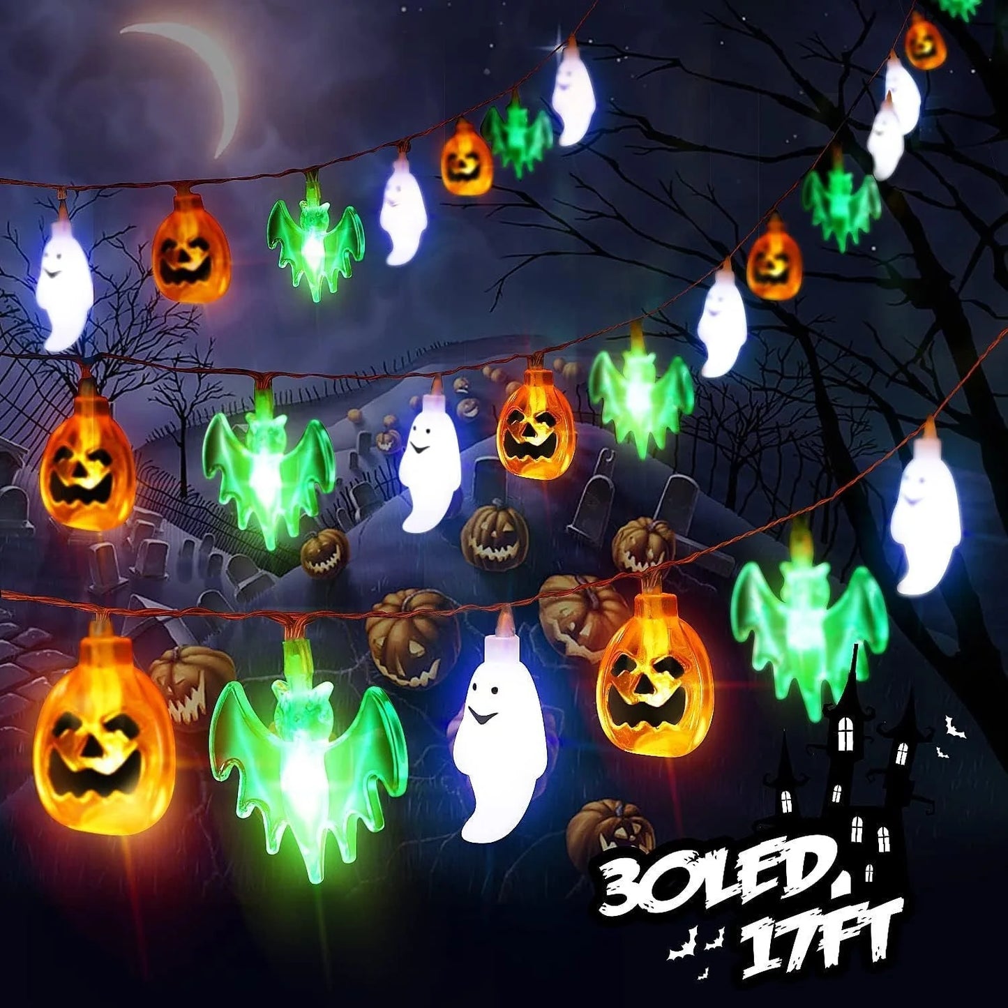 LED Halloween string lights with pumpkin, spider, bat, and skull designs in purple and green