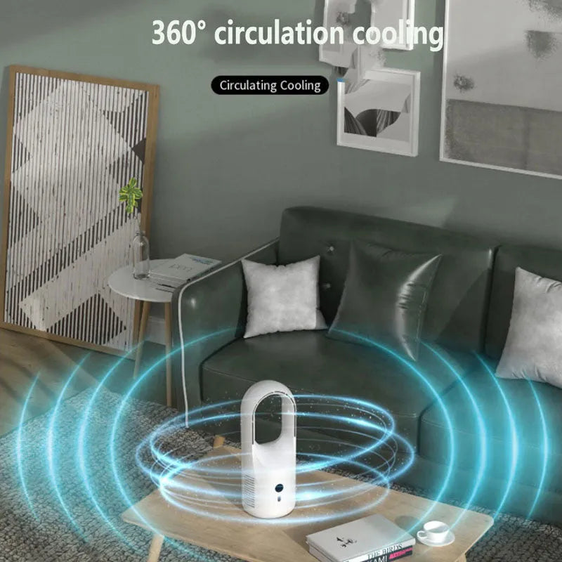 A compact white bladeless desk fan with an LED display, showing its dimensions and safe, blade-free air outlet.