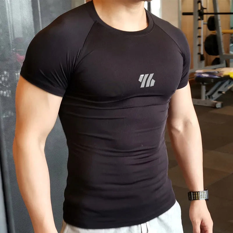 Men's quick-drying compressed top in solid colour polyester fabric for training and running, available in black white light pink navy blue sizes M to 3XL
