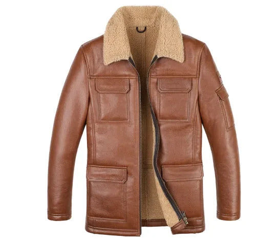 Champagne sheepskin trench coat with lapel collar and multiple pockets, slim fit midi length