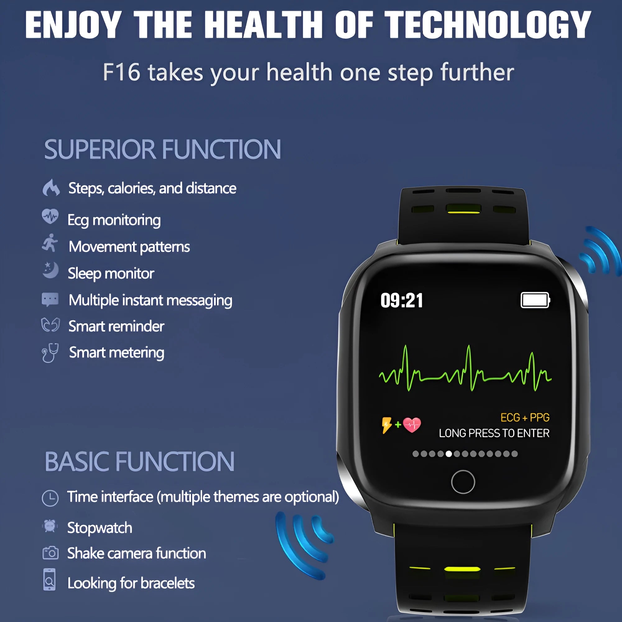 F16 Smart Watch with ECG, blood pressure, and heart rate monitoring on a 43mm IPS screen.