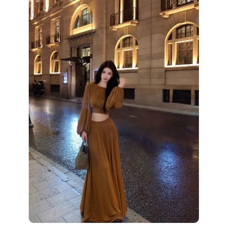 Women's batwing sleeve round neck top and pleating split long skirt suit in solid brown colour, polyester, Asian sizes S to 3XL