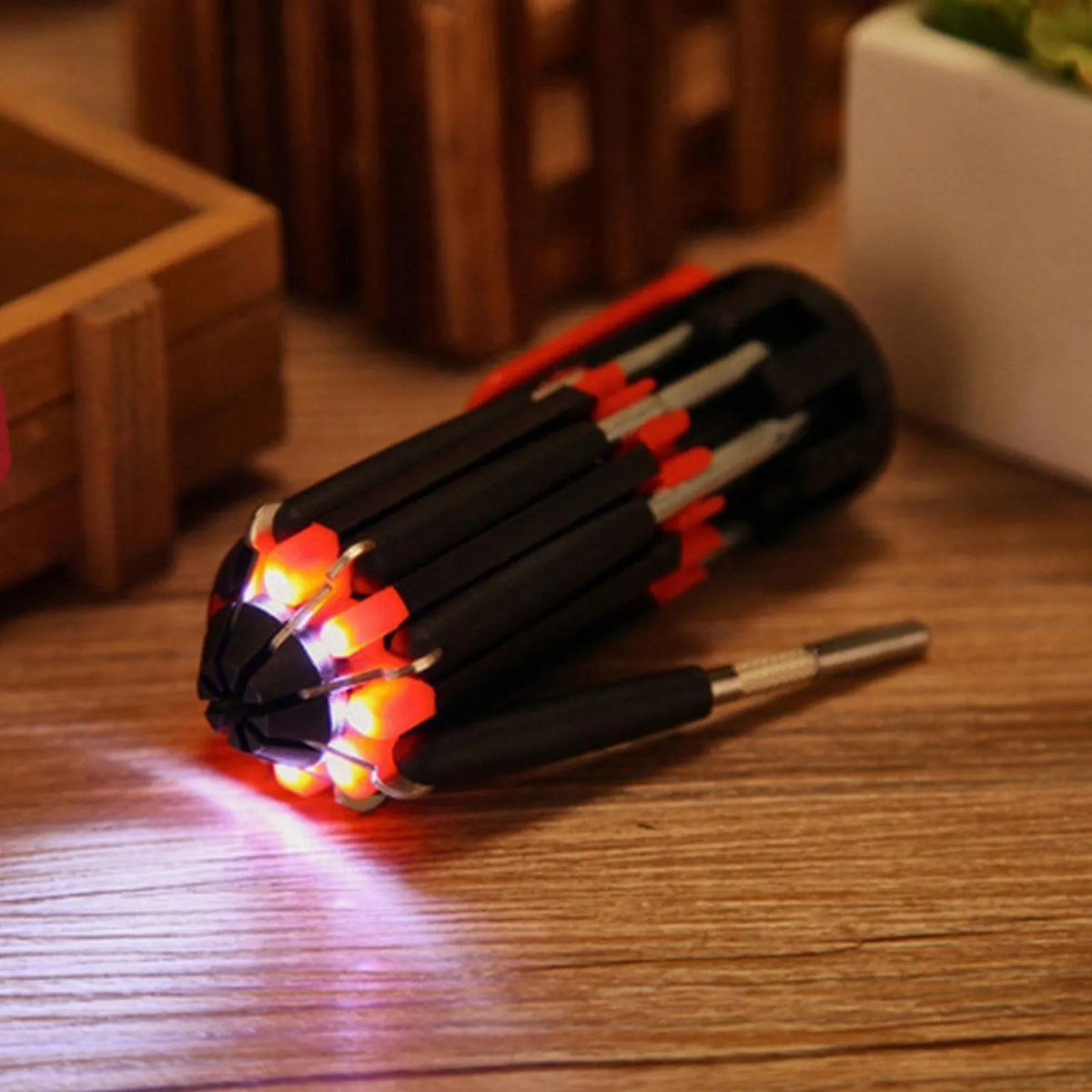 8-in-1 screwdriver with LED flashlight, stainless steel body, magnetic heads, retractable 20cm length
