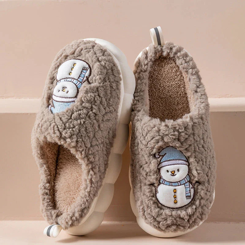 Cozy snowman-themed slippers with plush materials, anti-slip soles, and a variety of color options for comfortable indoor wear