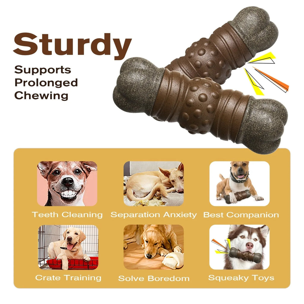 Wood colour plastic bone-shaped dog chew toy with a textured central molar rod for dental care.
