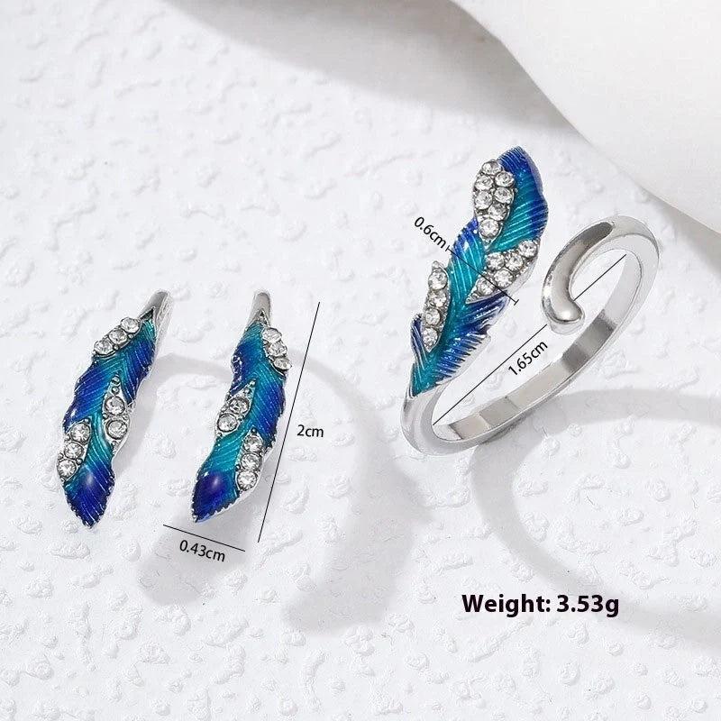 Bright blue feather earring and ring set in alloy with geometric design