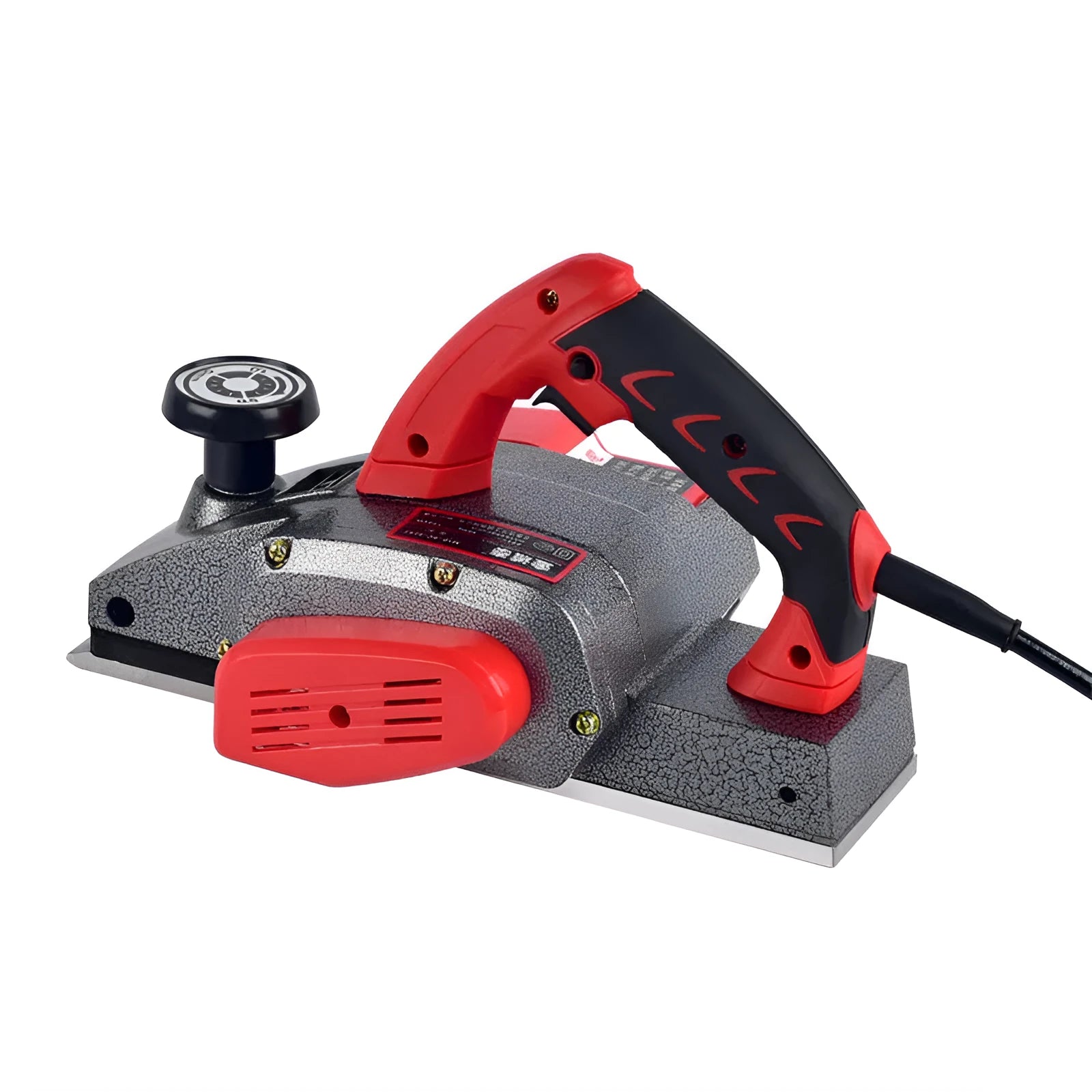 Red desktop electric wood planer with aluminium body showing 82mm planing width and depth adjustment controls