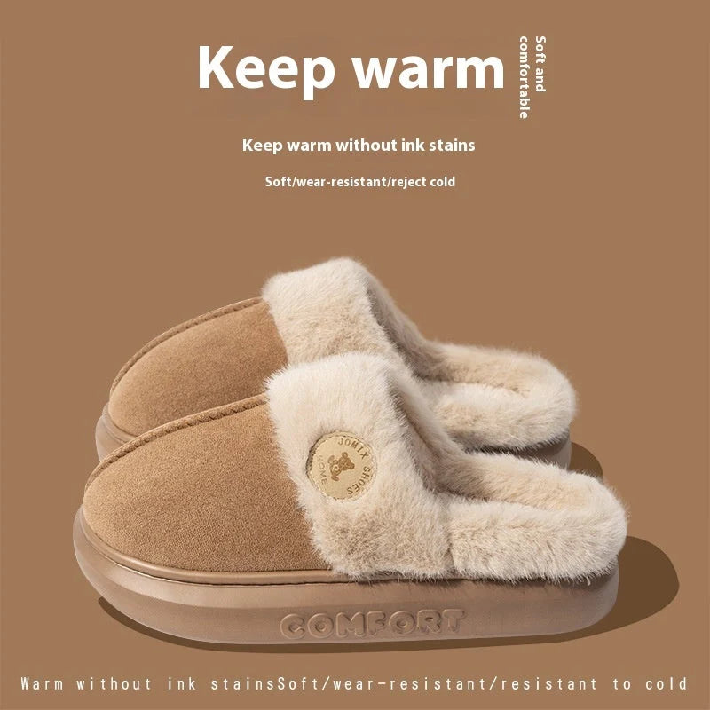 Winter plush slippers for women and men in various colours, featuring thick soles and soft fleece lining