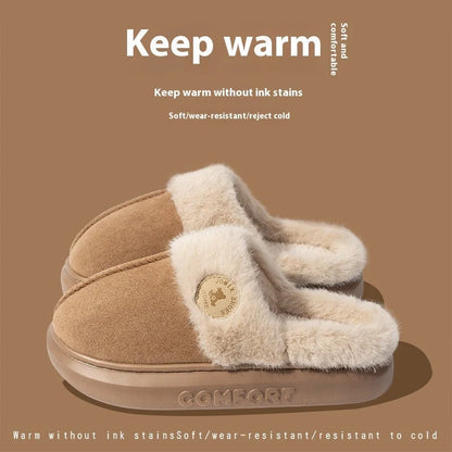 Winter plush slippers for women and men in various colours, featuring thick soles and soft fleece lining