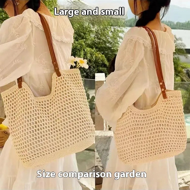 Beige woven cotton linen shoulder bag with large capacity, shown with magnetic snap and zipper closure options.