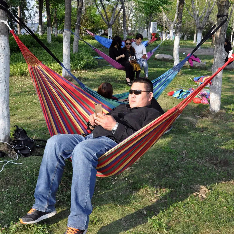 Red anti-flip single canvas striped buckle hammock for camping outdoor relaxation