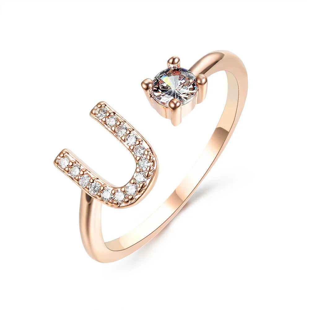 Elegant 26-letter adjustable initial ring in gold, silver, and rose gold finishes