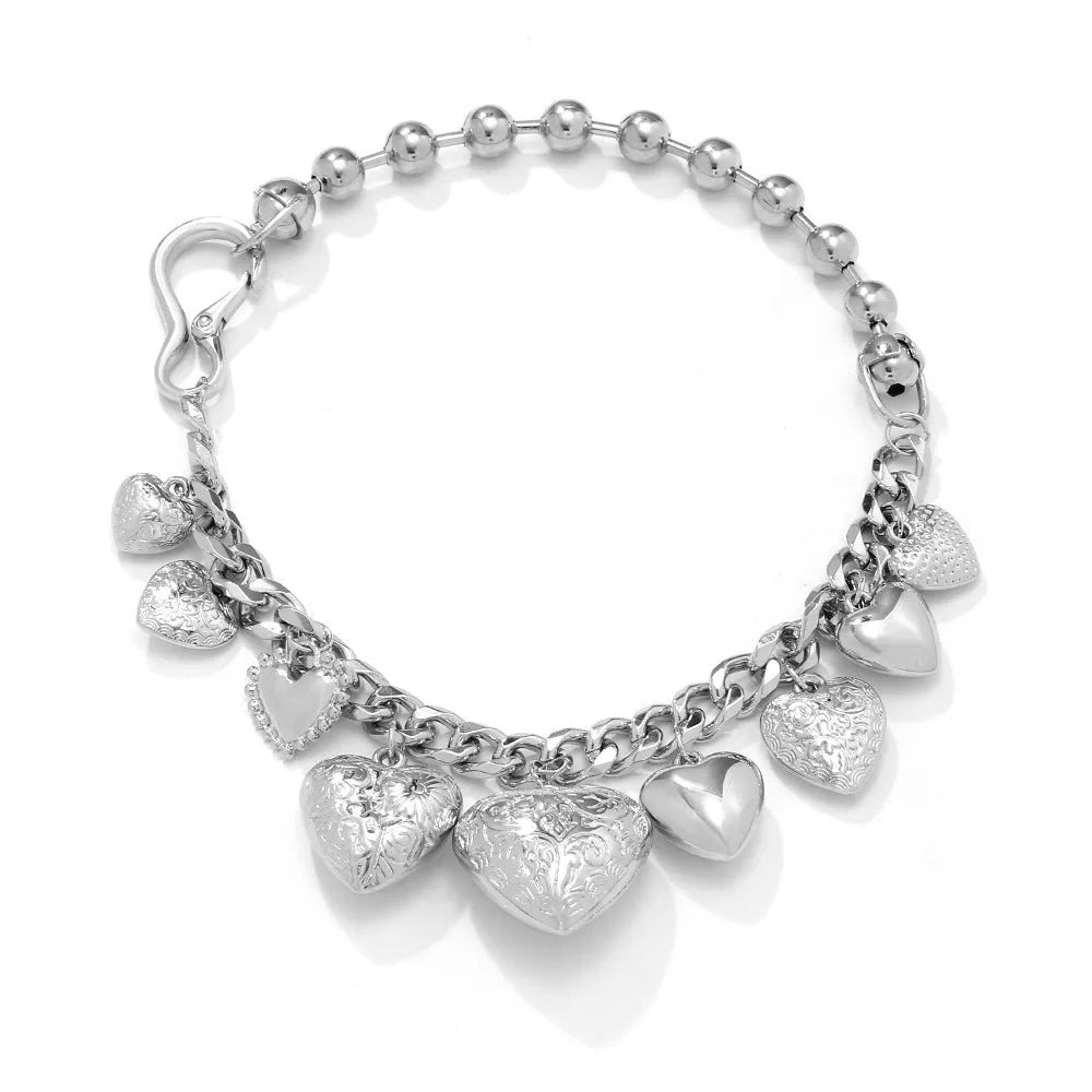 Carved heart pendant necklace with adjustable chain in exaggerated luxury style