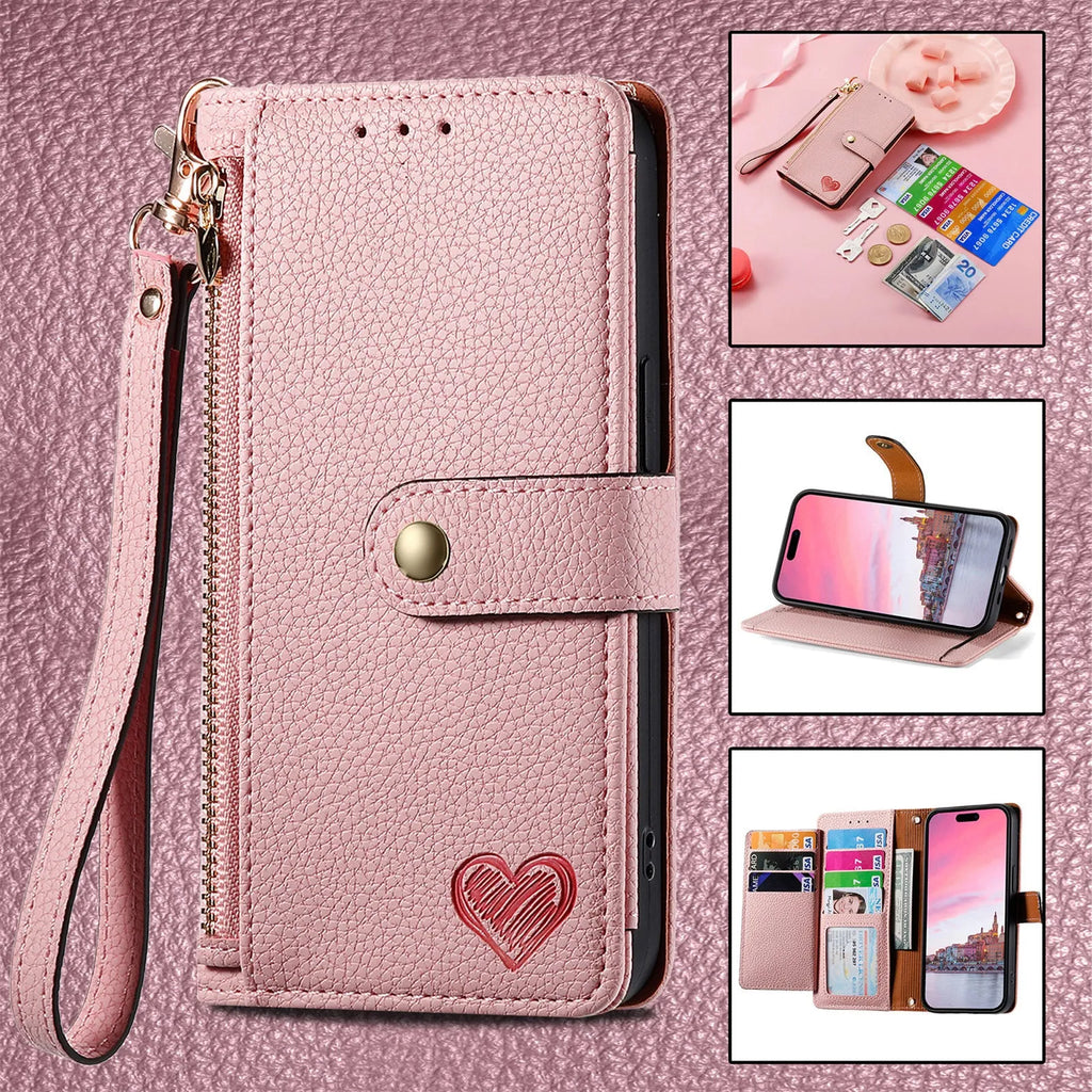 Pink PU leather litchi pattern RFID anti-theft lanyard phone case for iPhone with short lanyard and kickstand