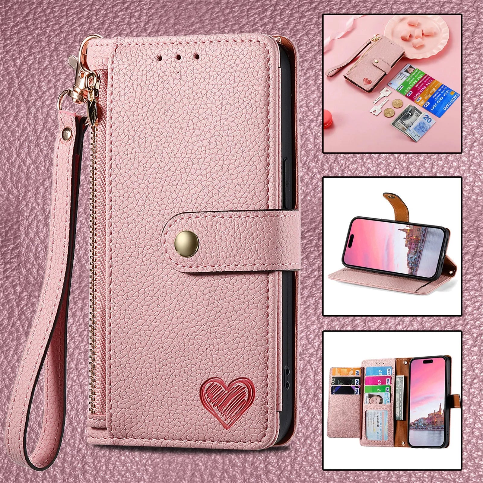 Pink PU leather litchi pattern RFID anti-theft lanyard phone case for iPhone with short lanyard and kickstand