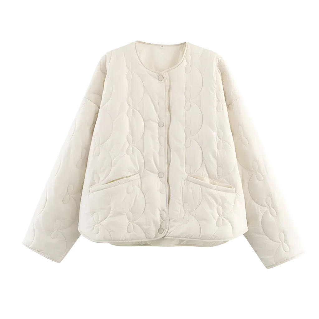 Women's bow quilted coat in black with straight cut, medium thickness polyester fabric, regular sleeves, 50 cm length