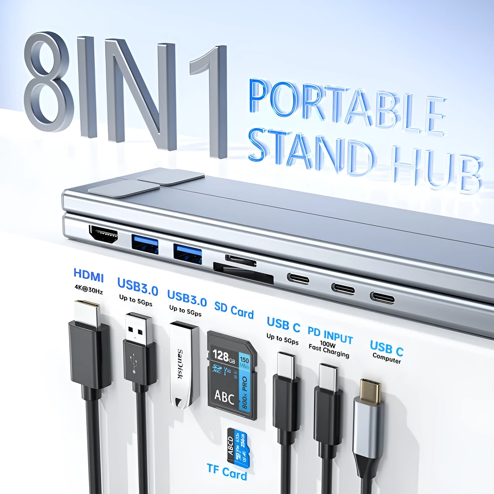 Aluminium alloy folding laptop docking station and stand in silver, shown with multiple USB and HDMI ports.