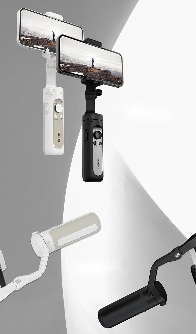 Black 3-axis smartphone stabilizer gimbal with tripod stand folded to 179mm