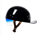 Men's retro half helmet for electric bikes in bright black gradient with blue lens, showing ABS shell construction.