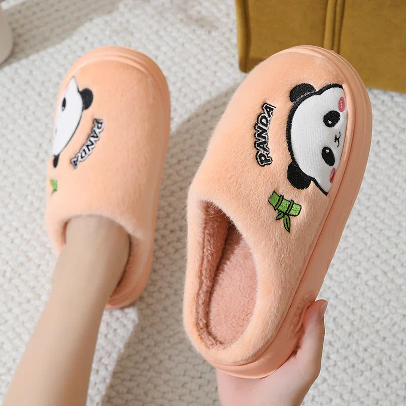 Cozy panda-themed slippers with thick, plush soles and a variety of vibrant color options