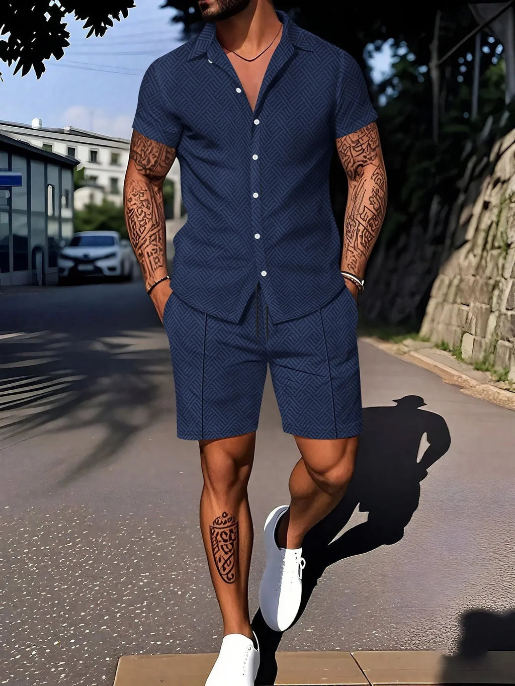 Men's digital print casual short sleeve suit set with matching shorts in beige colour