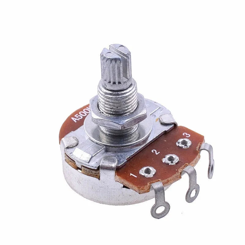 A single metal potentiometer knob for electric guitar tone or volume control.