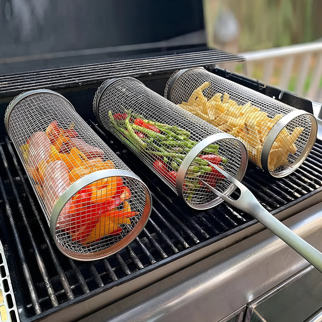 Iron wire rolling BBQ grilling basket with cylindrical mesh for vegetables and meatballs in two size options.