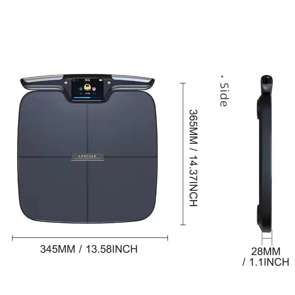 Black eight-electrode intelligent body fat scale on a hardwood floor.