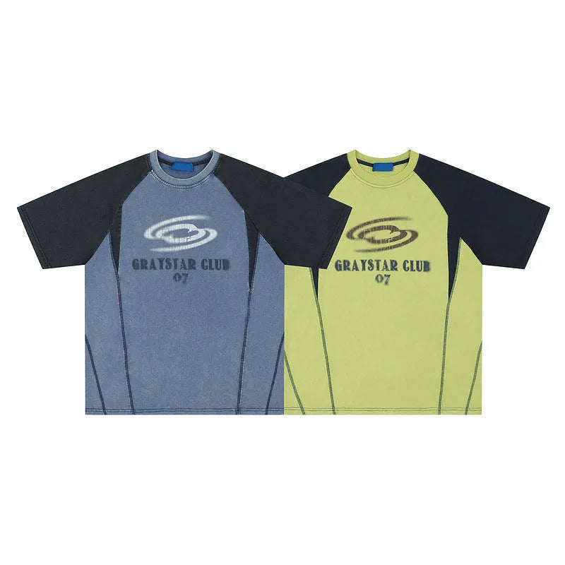 Blue men's loose fit cotton t-shirt with printed hip hop letters and raglan sleeves