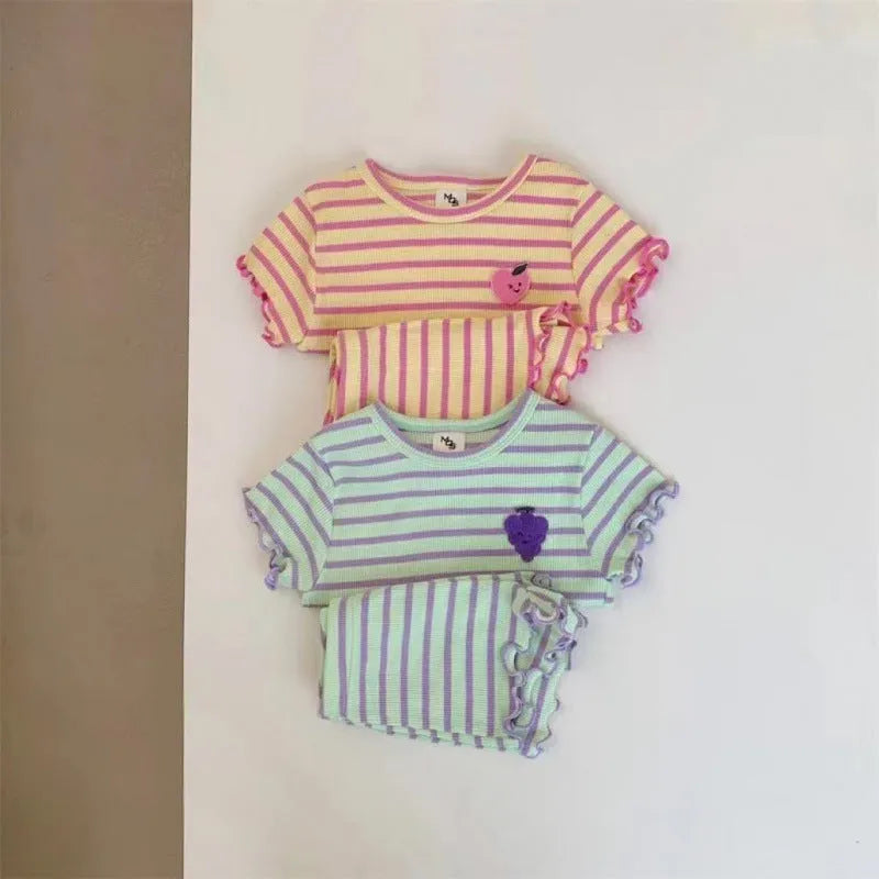 Children's short-sleeved polyester ice silk stripe pajama set in pink yellow purple green colours for heights 80-130 cm