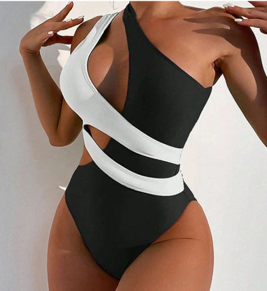 Women's black one-piece swimsuit with cross-colour lace-up front design for adjustable fit during swimming