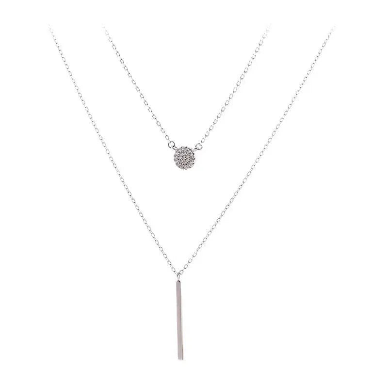 S925 silver double chain long stick micro pave zircon round pendant necklace for women white gold colour