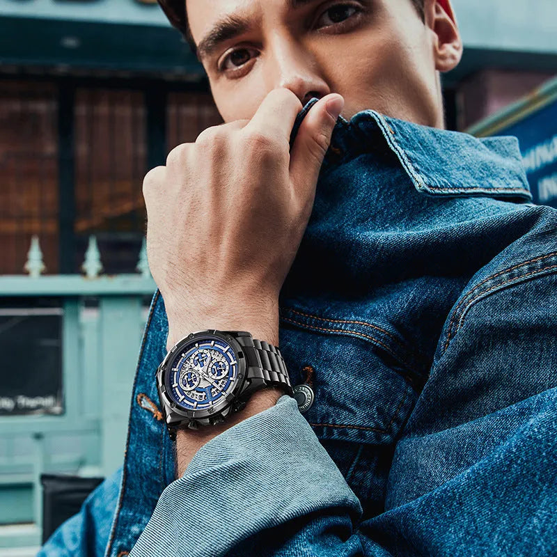 Men's waterproof luminous casual quartz watch with steel band in three colourway options.