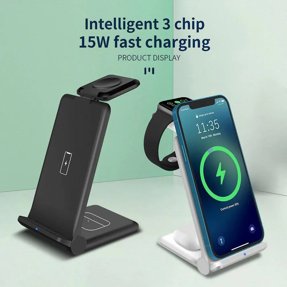 Black and white 3-in-1 foldable wireless charging station dock for iPhone, Samsung phone, AirPods and Apple Watch.