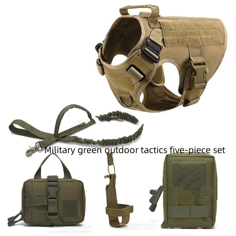 Durable tactical dog harness with reinforced buckles, customizable morale patches, and a reinforced top handle for secure control.