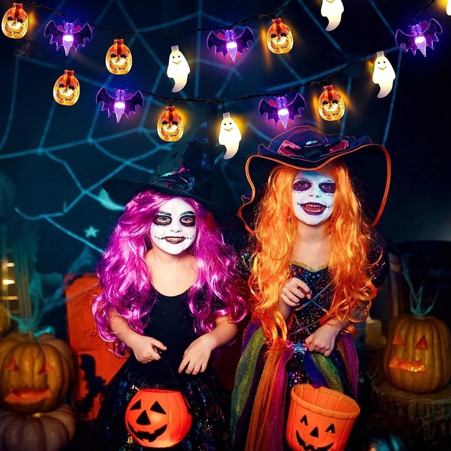 LED Halloween string lights with pumpkin, spider, bat, and skull designs in purple and green