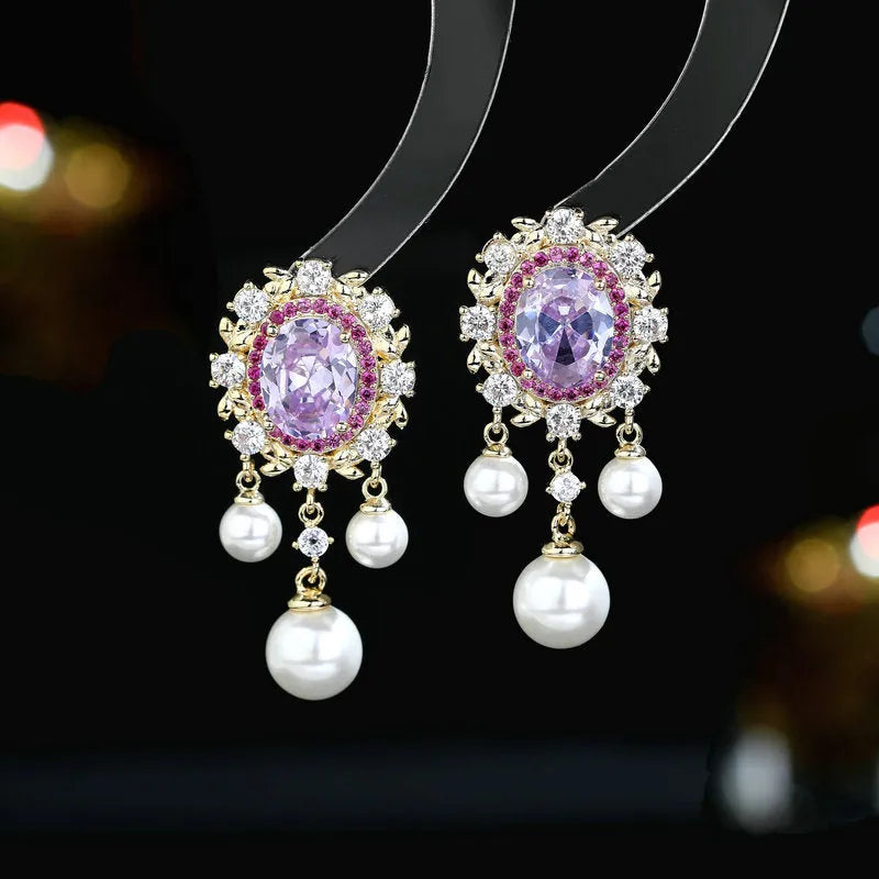 Oval geometric copper earrings with zircon inlays and pearl tassel drops in light purple colour