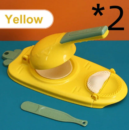 A versatile 2-in-1 kitchen tool for easily pressing dough and forming perfect dumplings, made of durable, food-grade plastic with an ergonomic handle and hanging hole for convenient storage.