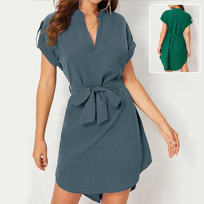 Women's V-neck short sleeve dress with adjustable belt in various colours