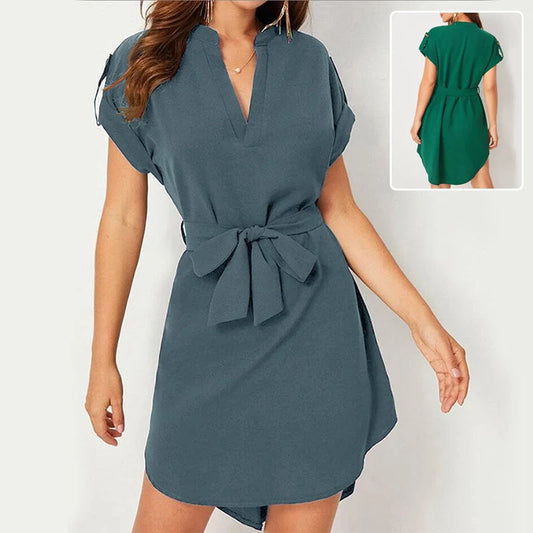 Women's V-neck short sleeve dress with adjustable belt in various colours