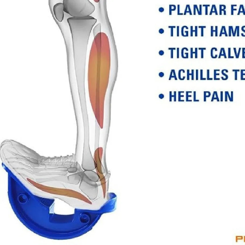 Royal blue lower leg tension plate stretcher with a diagonal pedal on a grey floor.