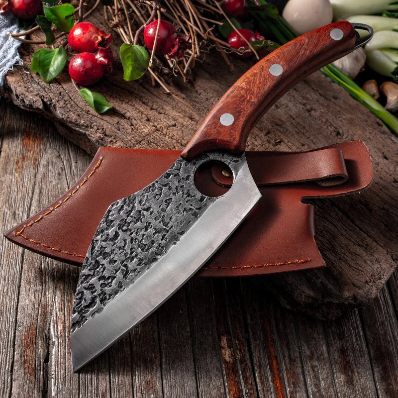 MCD108 small vegetable knife with forged leather sheath, 5Cr15 martensitic steel blade, and solid wood handle