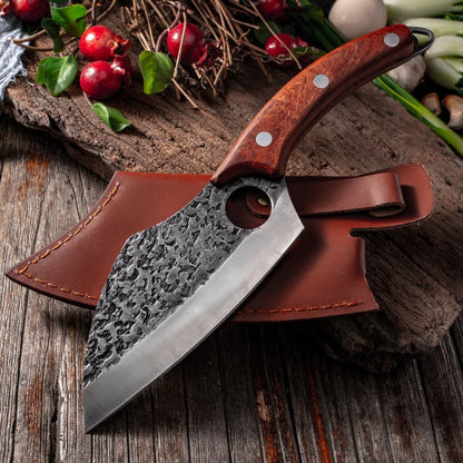 MCD108 small vegetable knife with forged leather sheath, 5Cr15 martensitic steel blade, and solid wood handle