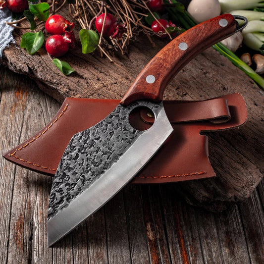 MCD108 small vegetable knife with forged leather sheath, 5Cr15 martensitic steel blade, and solid wood handle