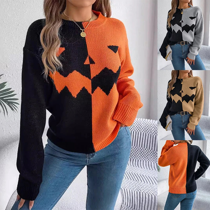 Spooky Chic Halloween Pullover Sweater in Orange, Khaki, and Grey colors with ghost print design